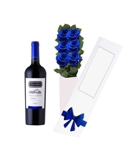 Caja 6 Rosas Azules + Vino 375 cc